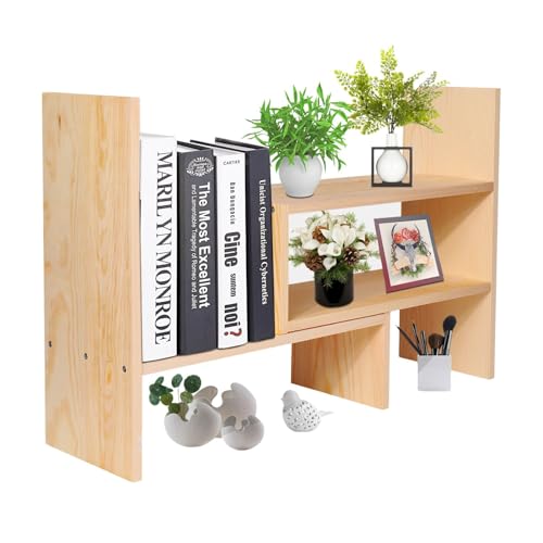 Flexzion Schreibtischregal aus natürlichem Holz, Schreibtisch-Organizer-Set, Büroaufbewahrung, verstellbar, erweiterbar, Tischzubehör, Sortierer, Bücherregal, Präsentationsständer (Beige) von Flexzion