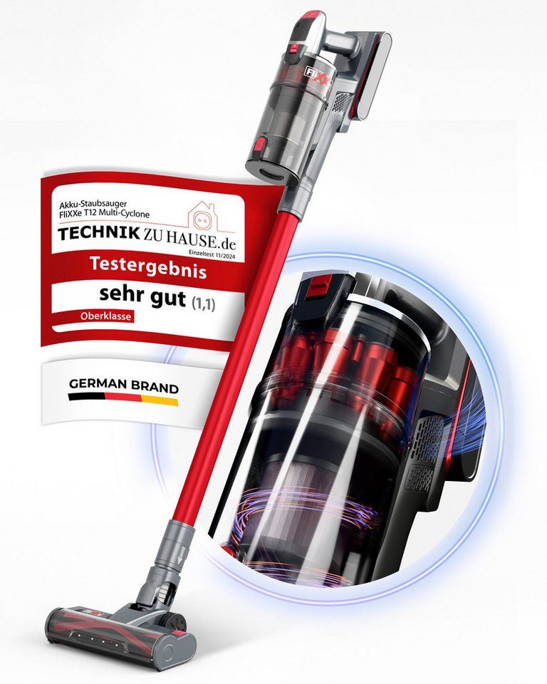 FliXXe Akku-Hand-und Stielstaubsauger T12, 500 W, kabellos, Akku-Staubsauger, Multi-Zyklon Technologie mit 12 Luftkammern, 29 kPa Saugleistung von FliXXe