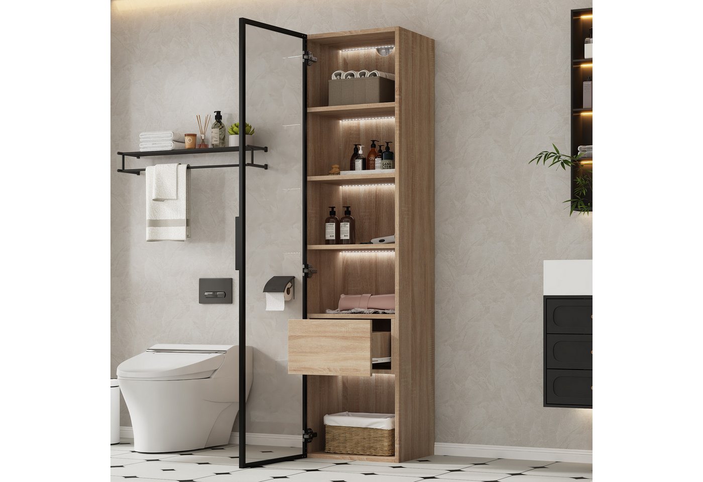 Flieks Badkommode Vitrine mit LED-Beleuchtung und 5 Fächern (1 St., B40/T34,5/H165 cm), Hochschrank mit Glastüren, Schubladen und verstellbaren Einlegeböden von Flieks