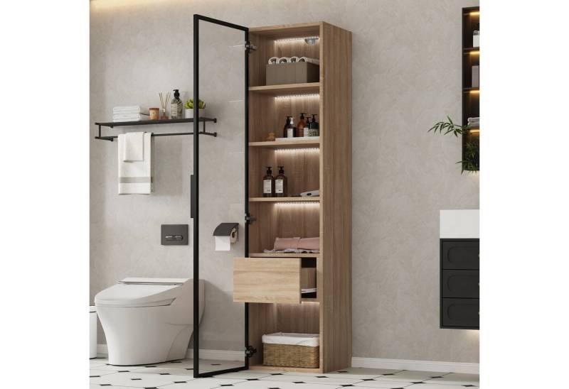 Flieks Badkommode Vitrine mit LED-Beleuchtung und 5 Fächern (1 St., B40/T34,5/H165 cm), Hochschrank mit Glastüren, Schubladen und verstellbaren Einlegeböden von Flieks