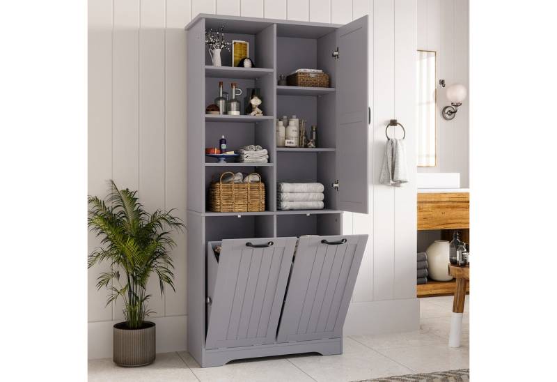 Flieks Badkommode mit doppelter Wäschekorb (B78/T35/H172,7 cm, 1 St., mit verstellbaren Einlegeböden und 2 Klappen), Badezimmerschrank feuchtigkeitsbeständiger Hochschrank Holz, 7 Fächern von Flieks