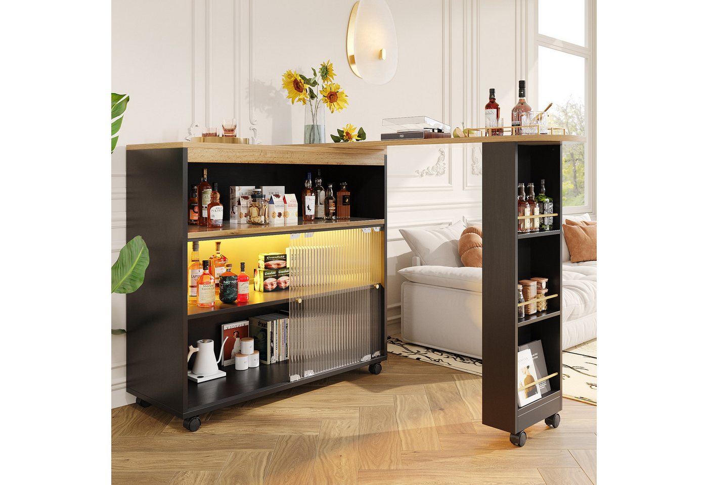 Flieks Bartisch (360° Drehung, 1-St., mit LED-Beleuchtung), ausziehbar Stehtisch drehbar Sideboard Esstisch Küchenwagen Anricht von Flieks