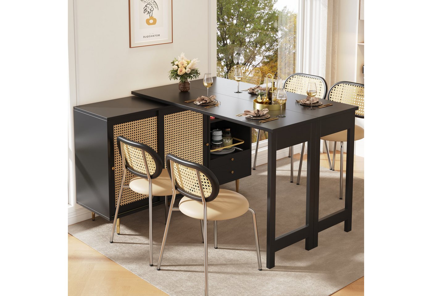 Flieks Bartisch 360° drehbar (Set, 1-St., klappbare Tischplatte 40-80cm Tiefe/120-187cm Breite), ausziehbar Stehtisch mit Sideboard Esstisch mit Rattan-Schiebetür von Flieks