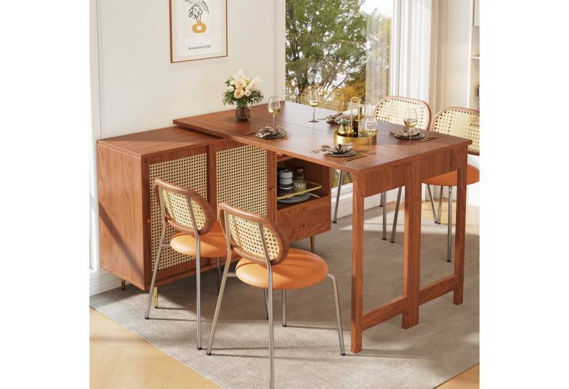 Flieks Bartisch 360° drehbar (Set, 1-St., klappbare Tischplatte 40-80cm Tiefe/120-187cm Breite), ausziehbar Stehtisch mit Sideboard Esstisch mit Rattan-Schiebetür von Flieks