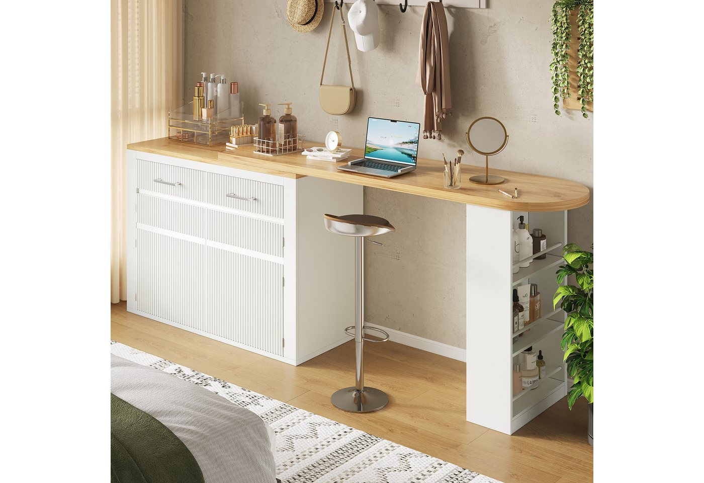 Flieks Bartisch 360° drehbar Esstisch mit Rollen & Kommode mit 2 Schubladen und Türen (Tischplatte in Holzoptik, Länge 137-215x39 cm, 2-St., 2er Set), beweglicher Stehtisch mit Ablagen Mehrzweckschrank Weiß von Flieks