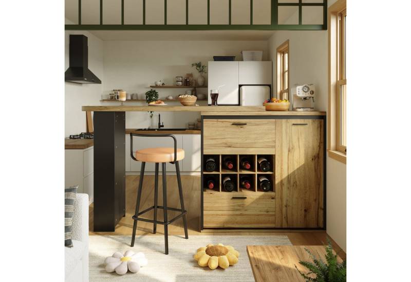 Flieks Bartisch 360° drehbar Esstisch & Mehrzweckschrank mit Weinregal (Set, 2-St., mit verstellbarer Einlegeböden), schwenkbar Tisch mit Ablagen Küchenschrank mit Schubladen Holzoptik von Flieks