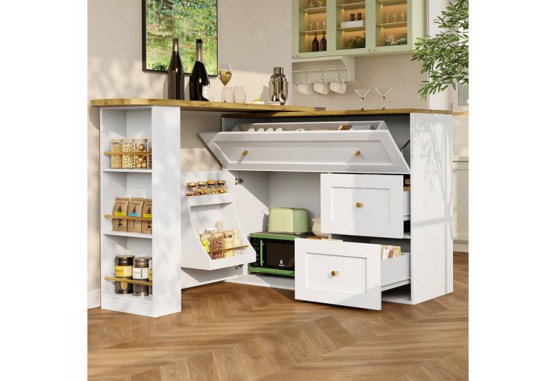 Flieks Bartisch 360° drehbar Stehtisch Kommode mit Schubladen, Türablage und Klappen (Länge 138-204/T39/H105 cm, 2-St., 2er Set), schwenkbar Küchenschrank Sideboard mit Tisch und Stauraum Kücheninsel von Flieks