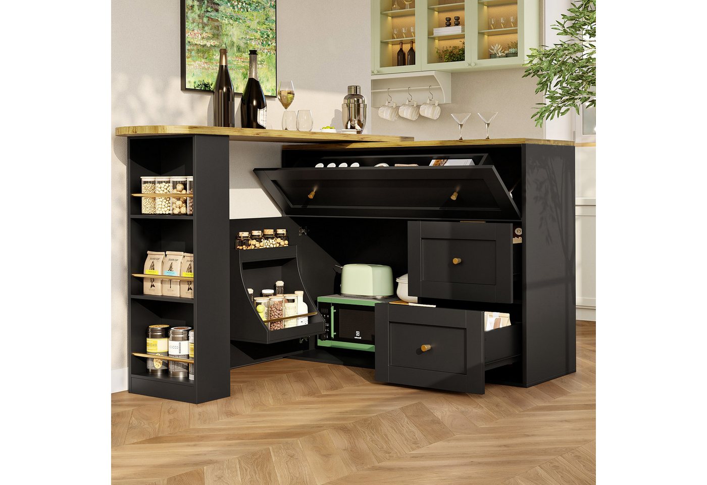 Flieks Bartisch 360° drehbar Stehtisch Kommode mit Schubladen, Türablage und Klappen (Länge 138-204/T39/H105 cm, 2-St., 2er Set), schwenkbar Küchenschrank Sideboard mit Tisch und Stauraum Kücheninsel von Flieks