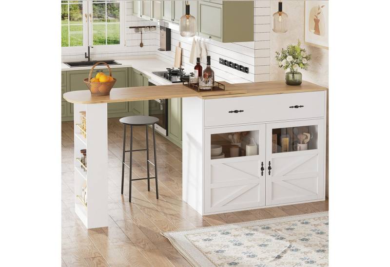 Flieks Bartisch 360° drehbar Stehtisch mit Kommode (Länge 138-204 cm, 1-St., mit verstellbare Einlegeböden), ausziehbar Esstisch mit Glastüren und Schubladen Sideboard Bistrotisch von Flieks