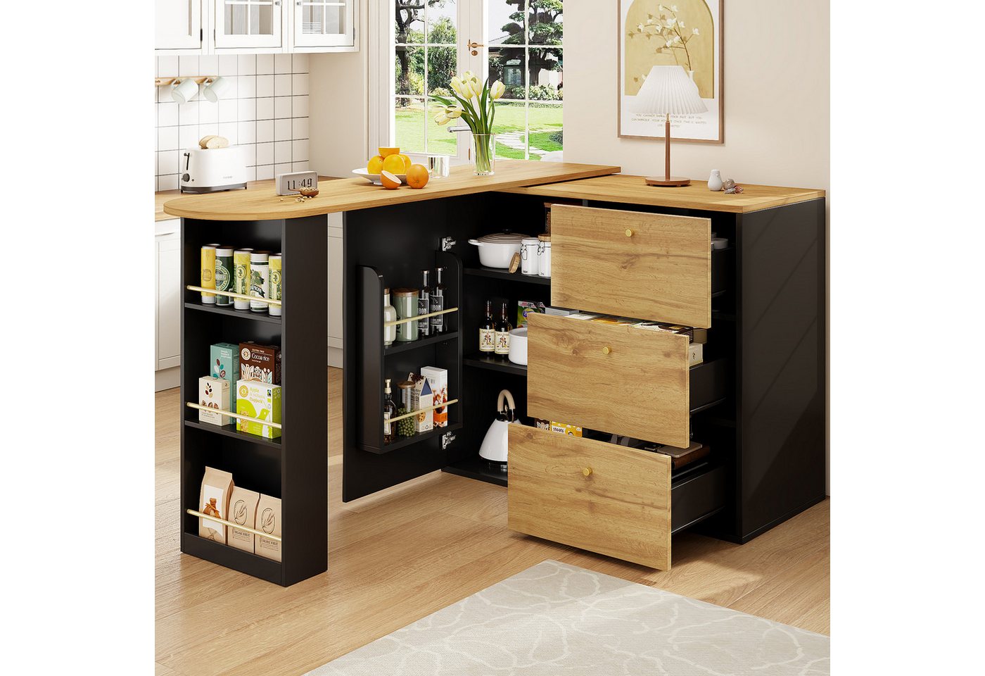 Flieks Bartisch 360° drehbar Stehtisch mit Kommode (Länge 138-204 cm, 1-St., mit verstellbaren Einlegeböden), ausziehbar Esstisch mit Schublade und Türen Holzschrank Bistrotisch von Flieks