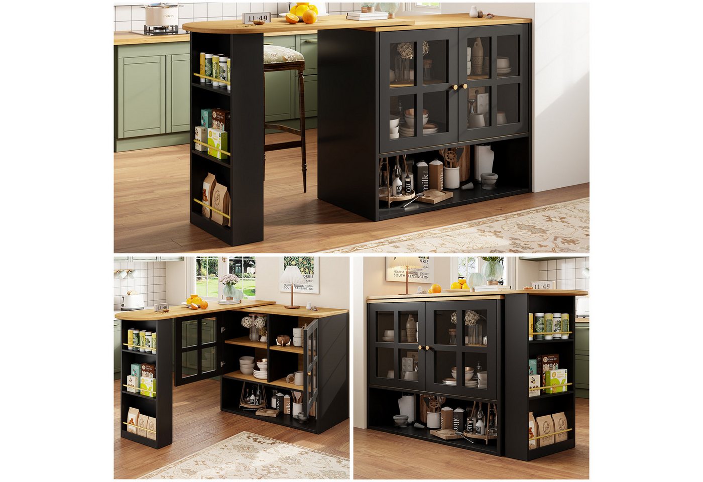 Flieks Bartisch 360° drehbar Stehtisch mit Sideboard (Länge 138-204 cm, 1-St., mit Regalen und verstellbare Einlegeböden), ausziehbar Esstisch mit 4 Türen Kommode Bistrotisch Mehrzweckschrank von Flieks