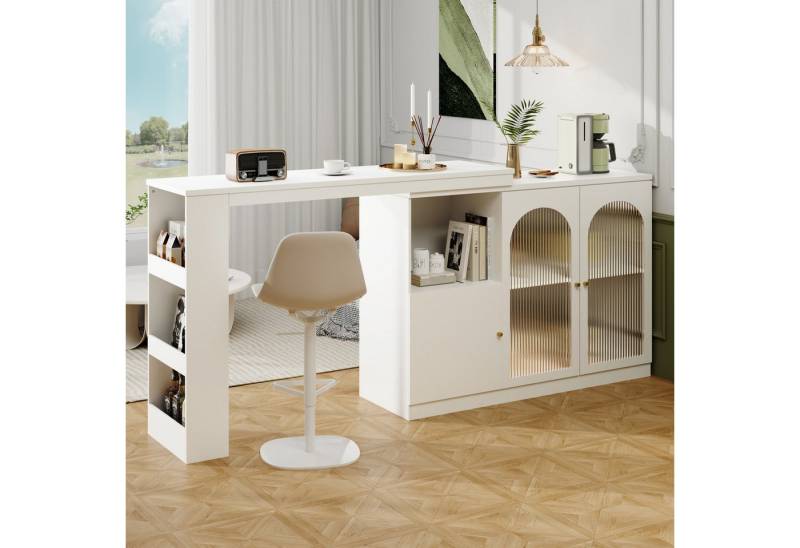 Flieks Bartisch 360° drehbar Stehtisch mit Sideboard (Set, 1-St., für Wohnzimmer, Küche und Esszimmer), ausziehbar Esstisch mit Glastüren Aufbewahrungsschrank Bistrotisch von Flieks