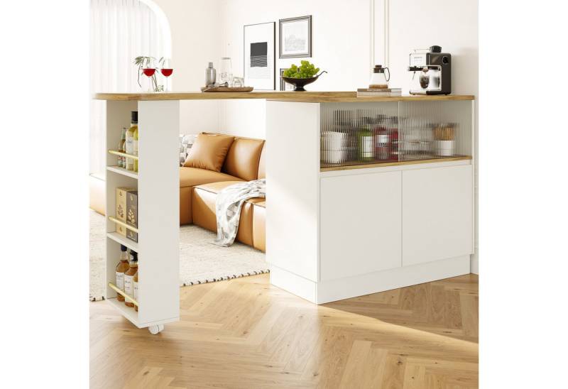 Flieks Bartisch 360° drehbar Stehtisch mit Sideboard (Set, 1-St., mit Rollen und Ablage), ausziehbar Esstisch mit 4 Türen Kommode Bistrotisch von Flieks