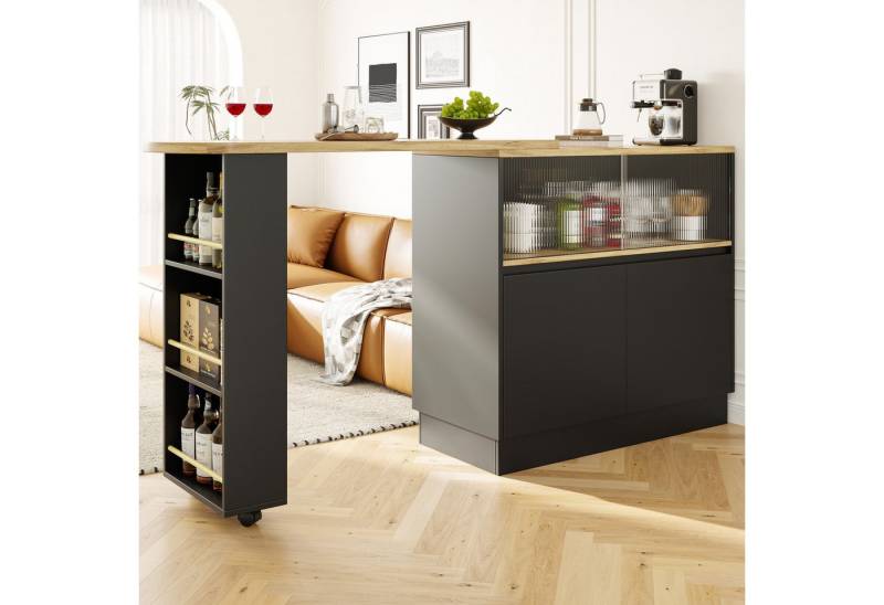 Flieks Bartisch 360° drehbar Stehtisch mit Sideboard (Set, 1-St., mit Rollen und Ablage), ausziehbar Esstisch mit 4 Türen Kommode Bistrotisch von Flieks