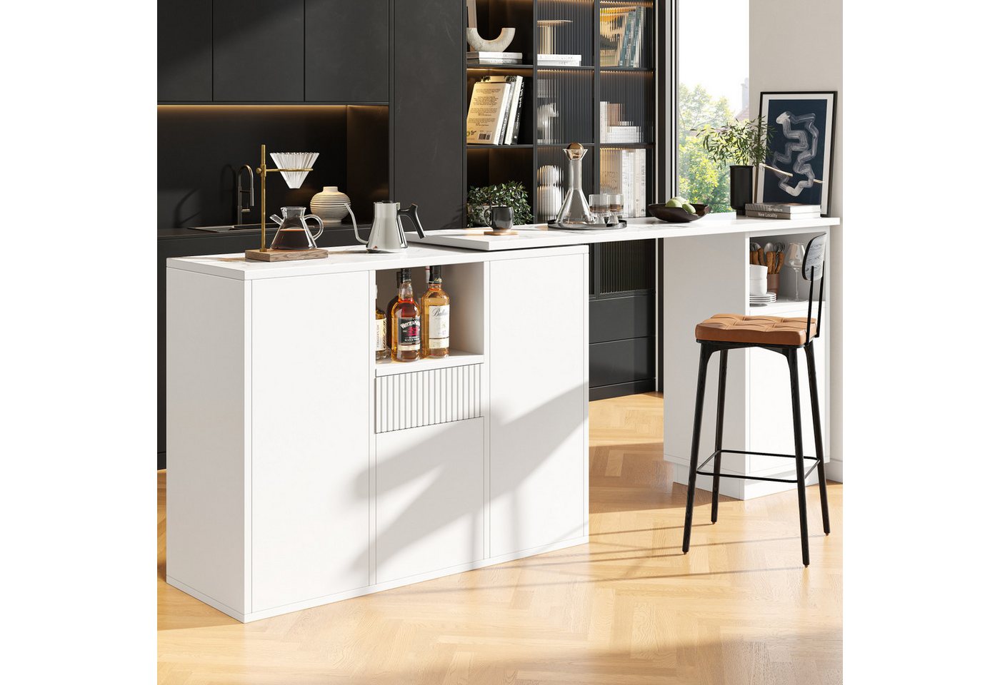 Flieks Bartisch 360° drehbar Essbar(90–198,5x30x75 cm) Stehtisch mit Sideboard (Set, 2-St., mit verstellbares Regal), ausziehbar Esstisch mit Regal Kücheninsel Aufbewahrungsinsel von Flieks