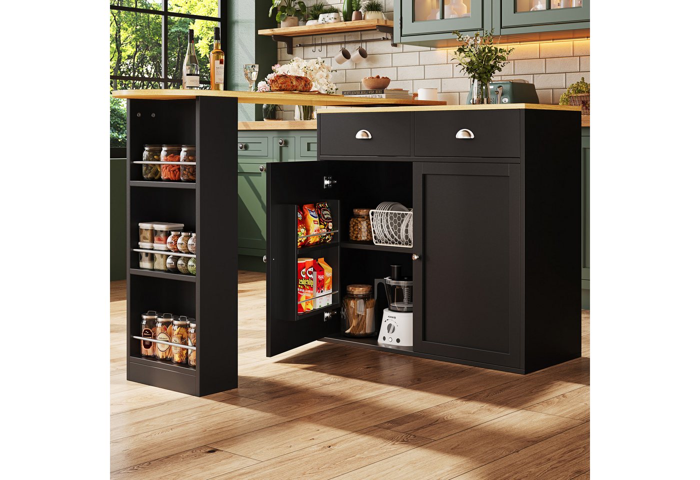 Flieks Bartisch 360° drehbar Stehtisch & Kommode mit Schubladen und Türablagen (2-St., 2er Set), ausziehbar Esstisch mit Sideboard Mehrzweckschrank Bistrotisch von Flieks