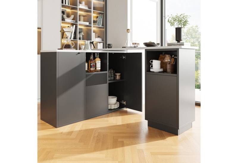 Flieks Bartisch 360° drehbar Stehtisch und Mehrzweckschrank 2-in-1 (Set, 2-St., mit verstellbarer Einlegeböden und Arbeitsplatte in Marmoroptik), schwenkbar Essbar Kücheninsel Küchenschrank mit Schubladen von Flieks