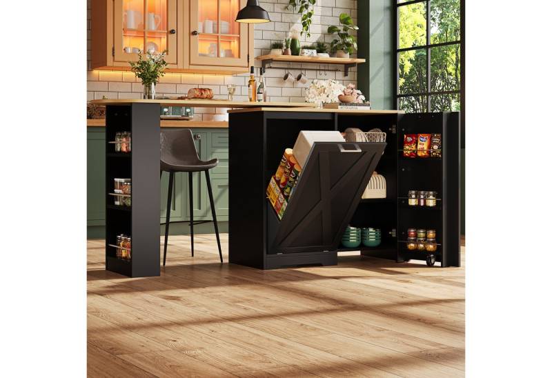 Flieks Bartisch 360° drehbar Stehtisch & Sideboard mit Klappen und Türablagen (mit Rollen und Ablage, 2-St., 2er Set), ausziehbar Esstisch Mehrzweckschrank mit verstellbaren Einlegeböden von Flieks