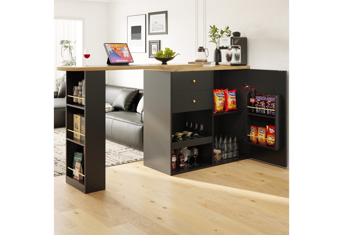 Flieks Bartisch 360° drehbare Stehtisch mit Sideboard (Set, 1-St., mit 2 Schubladen und 1 Türen), ausziehbar Esstisch mit Aufbewahrungsschrank Bistrotisch Schwarz von Flieks