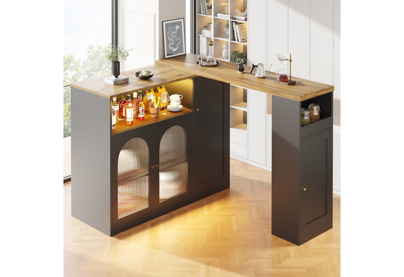 Flieks Bartisch Breite 120-197 cm Tischplatte schwarz (Set, 2-St., mit LED-Lichtleisten, 360° Drehung), ausziehbar Stehtisch drehbar Sideboard Esstisch mit Stauraum Anricht von Flieks