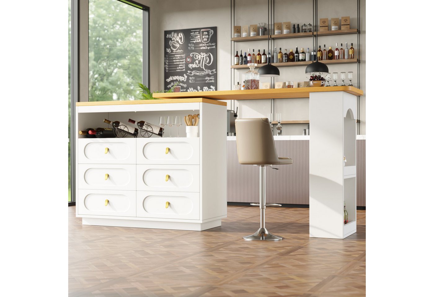 Flieks Bartisch Kommode mit 360° drehbarer Stehtisch (Arbeitsplatte Länge 137-203 cm, 2-St., 2er Set), schwenkbar Esstisch & Sideboard mit 6 Schubladen und Ablagen Weiß von Flieks