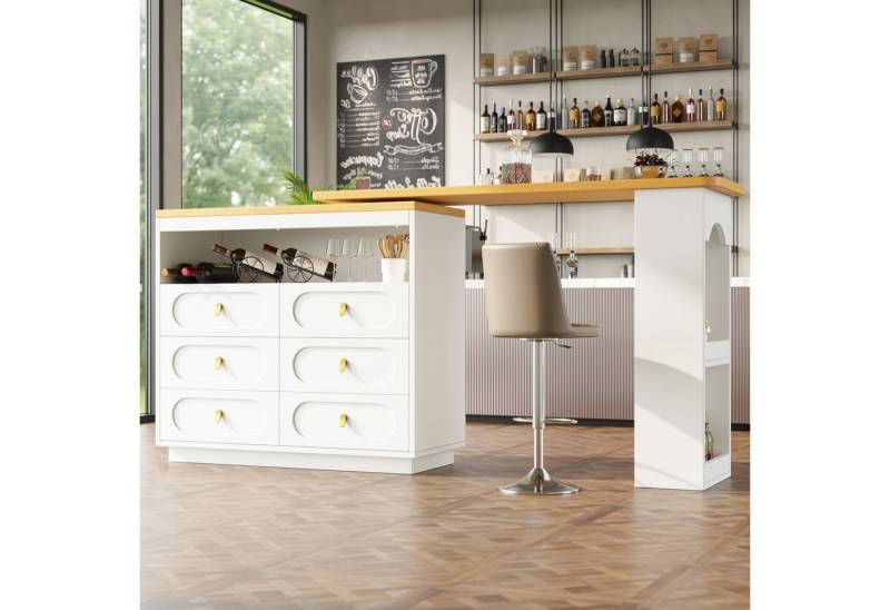 Flieks Bartisch Kommode mit 360° drehbarer Stehtisch (Arbeitsplatte Länge 137-203 cm, 2-St., 2er Set), schwenkbar Esstisch & Sideboard mit 6 Schubladen und Ablagen Weiß von Flieks