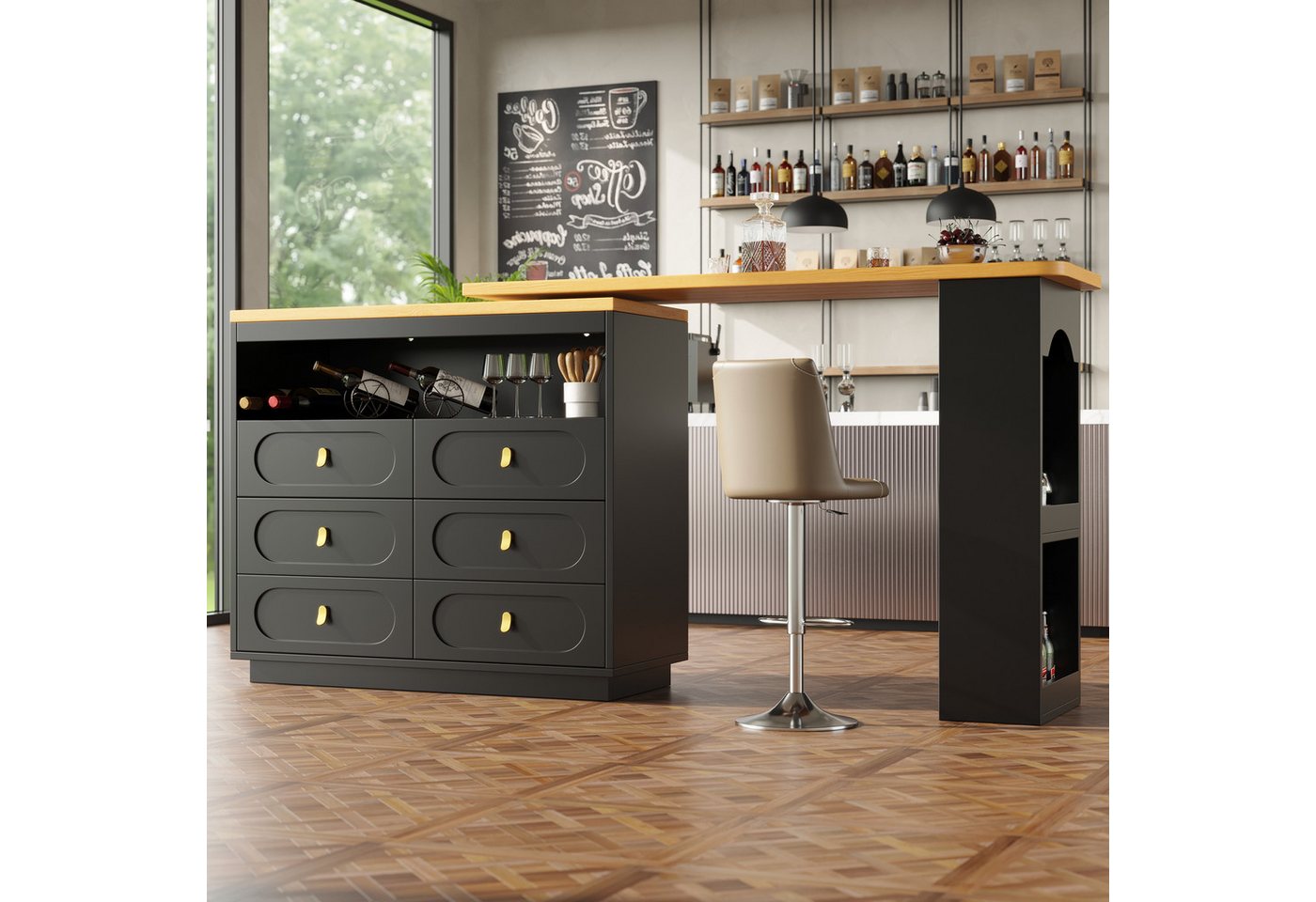 Flieks Bartisch Kommode mit 360° drehbarer Stehtisch (Arbeitsplatte Länge 137-203 cm, 2-St., 2er Set), schwenkbar Esstisch & Sideboard mit 6 Schubladen und Ablagen Weiß von Flieks
