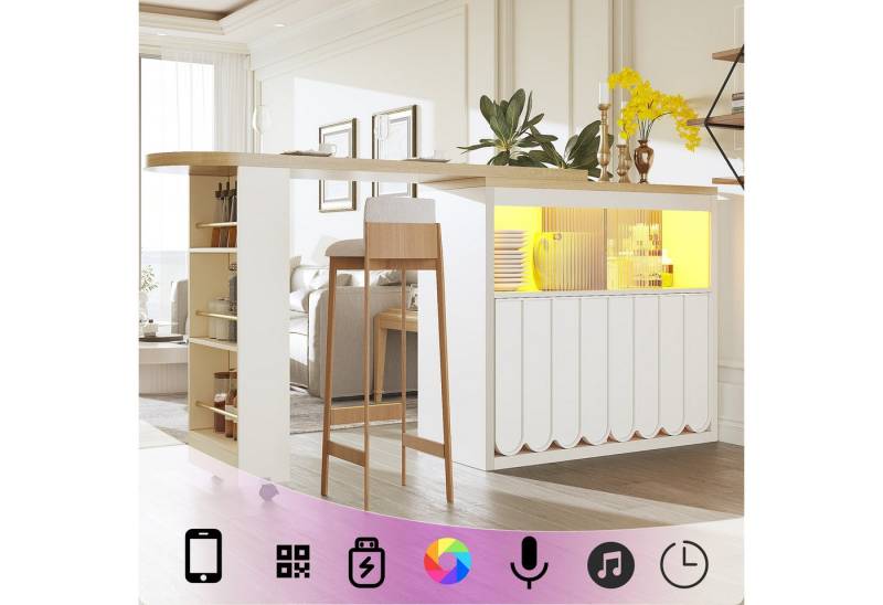 Flieks Bartisch mit 360° drehbar Tisch, LED-Beleuchtung und Glas-Schiebetüren (Set, 2-St., mit Rollen und verstellbaren Einlegeböden, 135-205×39×100cm), beweglicher Stehtisch Küchenschrank mit zaunförmige Türen Weiß von Flieks