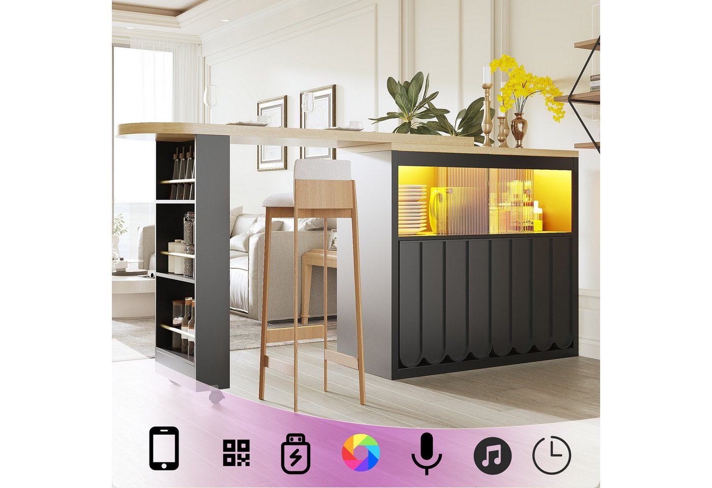 Flieks Bartisch mit 360° drehbar Tisch, LED-Beleuchtung und Glas-Schiebetüren (Set, 2-St., mit Rollen und verstellbaren Einlegeböden, 135-205×39×100cm), beweglicher Stehtisch Küchenschrank mit zaunförmige Türen Schwarz von Flieks