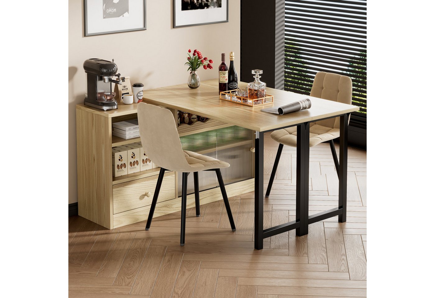 Flieks Bartisch mit Aufbewahrungsschrank (Set, 2-St., 360° drehbar, 40-80cm erweiterbare Tischplatte), ausziehbar Esstisch mit Sideboard klappbar Stehtisch mit Stauraum von Flieks