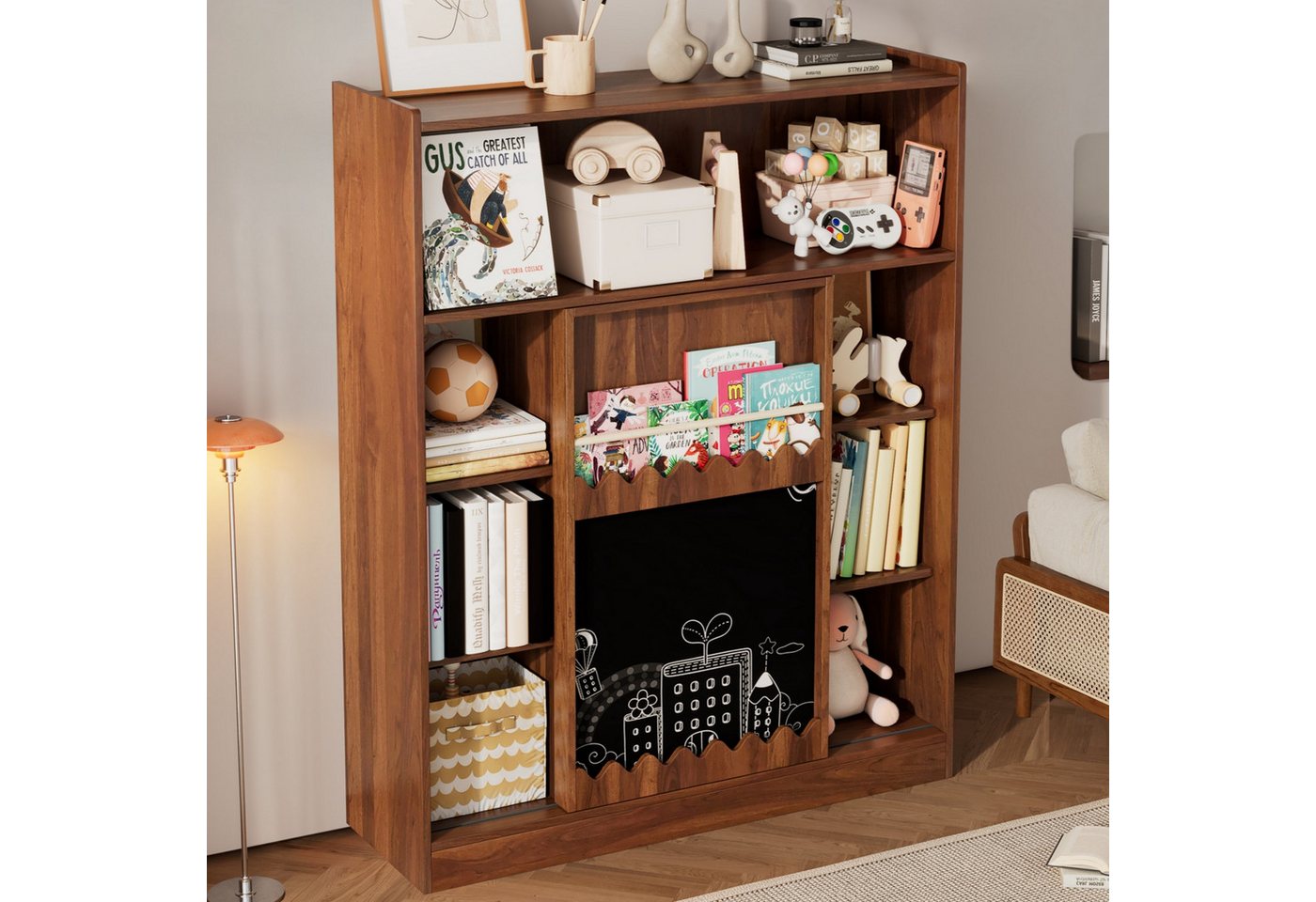 Flieks Bücherregal mit Tafel, Schiebetüren & Bilderbuchablage, 120x38,5x151,5 cm 1-tlg., Standregal mit 10 Fächern Würfelregal Hochschrank Holzoptik Flieks Bücherregal mit Tafel, Schiebetüren & Bilderbuchablage, 120x38,5x151,5 cm 1-tlg., Standregal mit 10 Fächern Würfelregal Hochschrank Holzoptik von Flieks