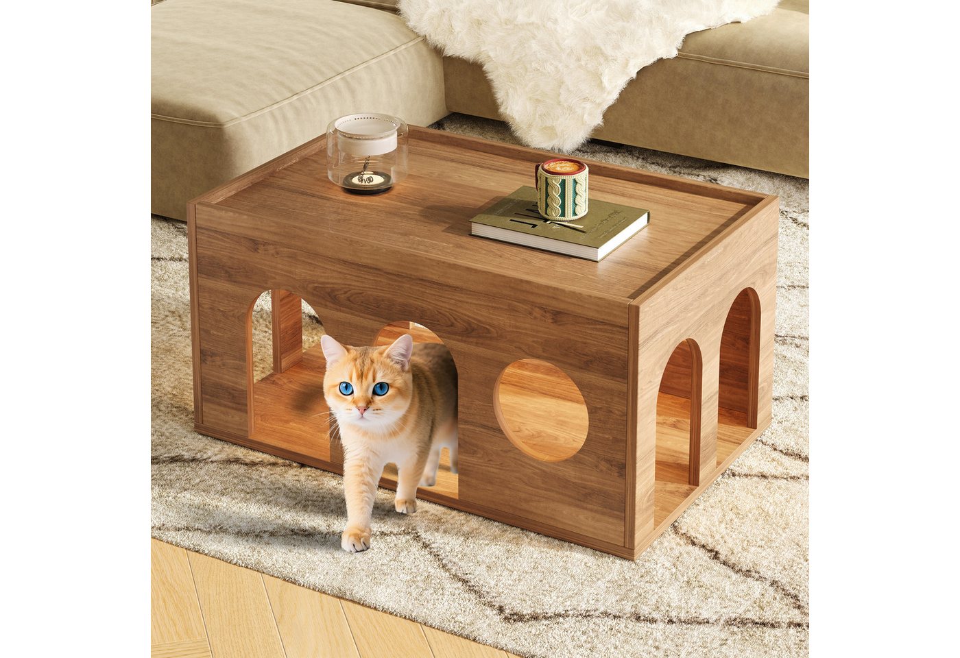 Flieks Couchtisch mit Katzenlöchern (B80/T50/H40 cm, 1-St., 1 Tisch), Beistelltisch Wohnzimmertisch Kaffetisch mit Tierhaus Holzoptik von Flieks