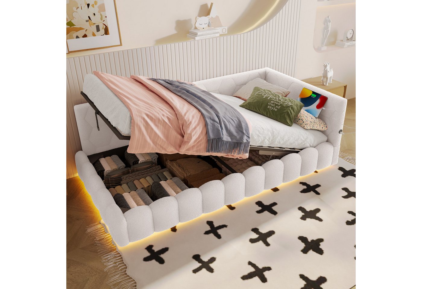 Flieks Daybett, Hydraulisches Polsterbett Tagesbett Schlafsofa 90x200cm mit USB, Typ-C von Flieks