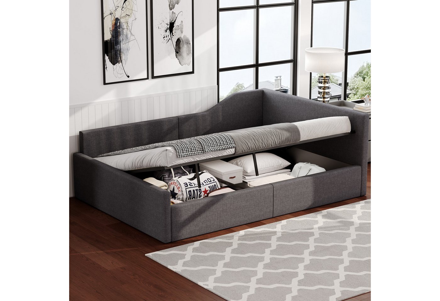 Flieks Daybett, Hydraulisches Stauraumbett Polsterbett Tagesbett Schlafsofa 140x200cm von Flieks