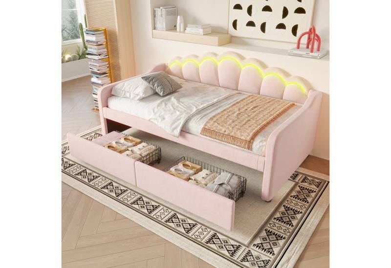 Flieks Daybett, LED Tagesbett Schlafsofa Kinderbett 90x200cm mit 2 Schubladen von Flieks