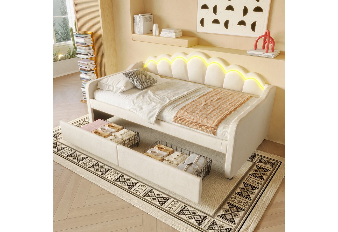 Flieks Daybett, LED Tagesbett Schlafsofa Kinderbett 90x200cm mit 2 Schubladen von Flieks