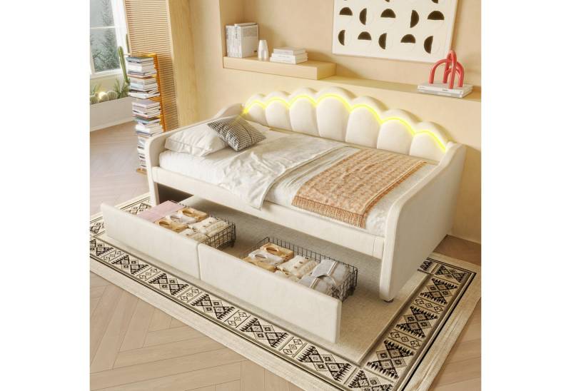 Flieks Daybett, LED Tagesbett Schlafsofa Kinderbett 90x200cm mit 2 Schubladen von Flieks