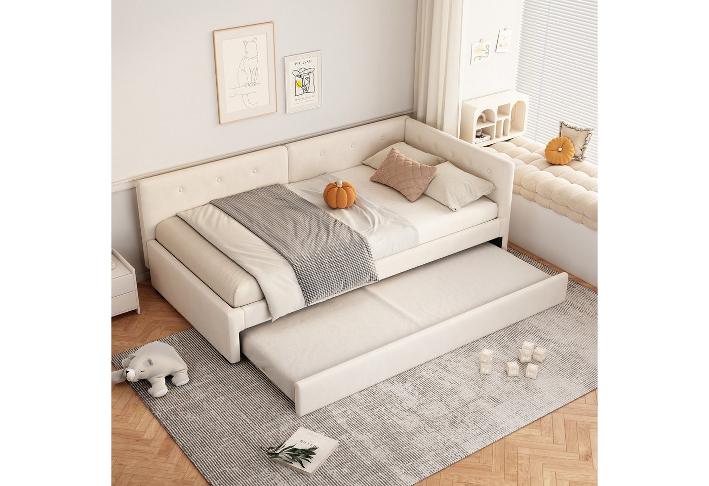 Flieks Daybett, Tagesbett Schlafsofa Polsterbett 90x200cm mit Ausziehbett 90x190cm von Flieks