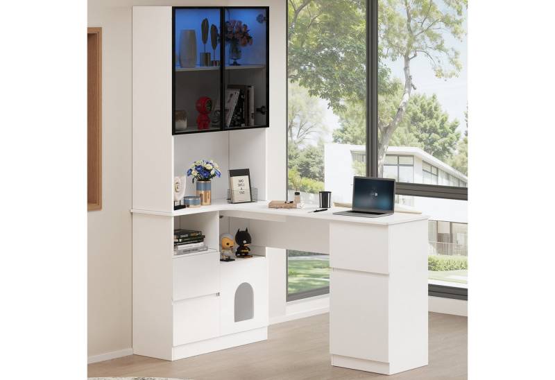 Flieks Eckschreibtisch L-förmig Arbeitstisch mit LED-Glasvitrinen 2-in-1 Weiß (Tischmaße: 120x45x76 cm, Schrankmaße: 80x30x180 cm), Computertisch Bürotisch mit Bücherregal/Hochschrank Weiß von Flieks