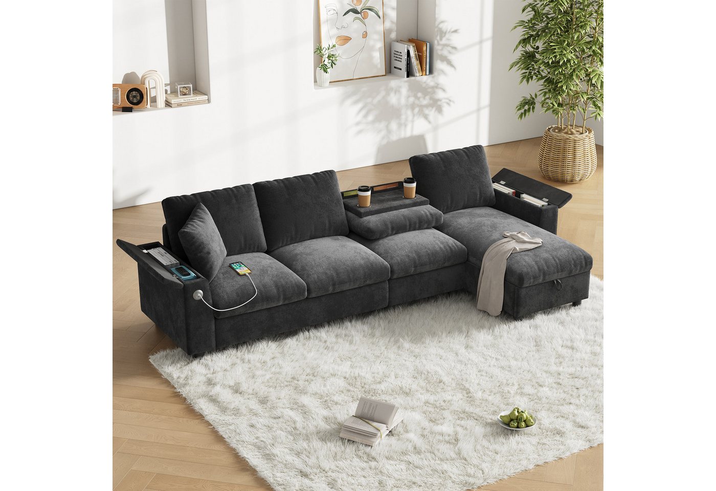 Flieks Ecksofa mit 1 USB und 1 Typ-C, Links und rechts austauschbar, 4-Sitzer, L-förmig Chenille-Stoffsofa mit Bettkasten & 2 Zierkissen grau von Flieks