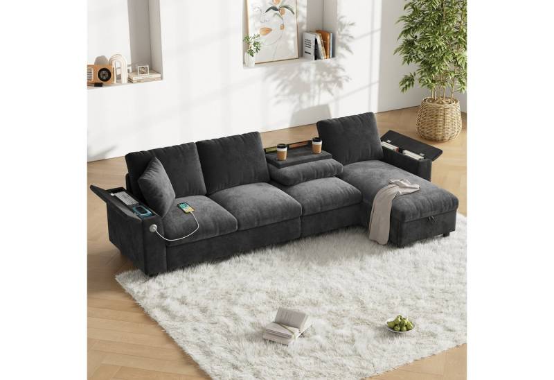 Flieks Ecksofa mit 1 USB und 1 Typ-C, Links und rechts austauschbar, 4-Sitzer, L-förmig Chenille-Stoffsofa mit Bettkasten & 2 Zierkissen grau von Flieks