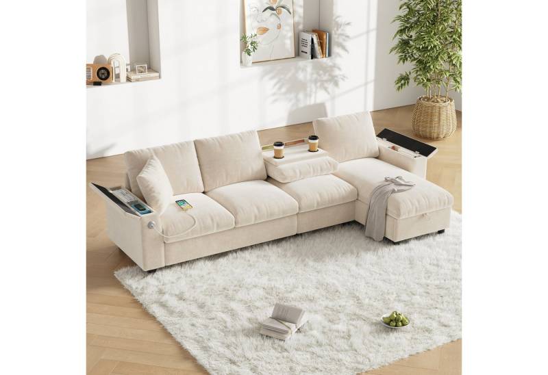 Flieks Ecksofa mit 1 USB und 1 Typ-C, Links und rechts austauschbar, 4-Sitzer, L-förmig Chenille-Stoffsofa mit Bettkasten & 2 Zierkissen grau von Flieks