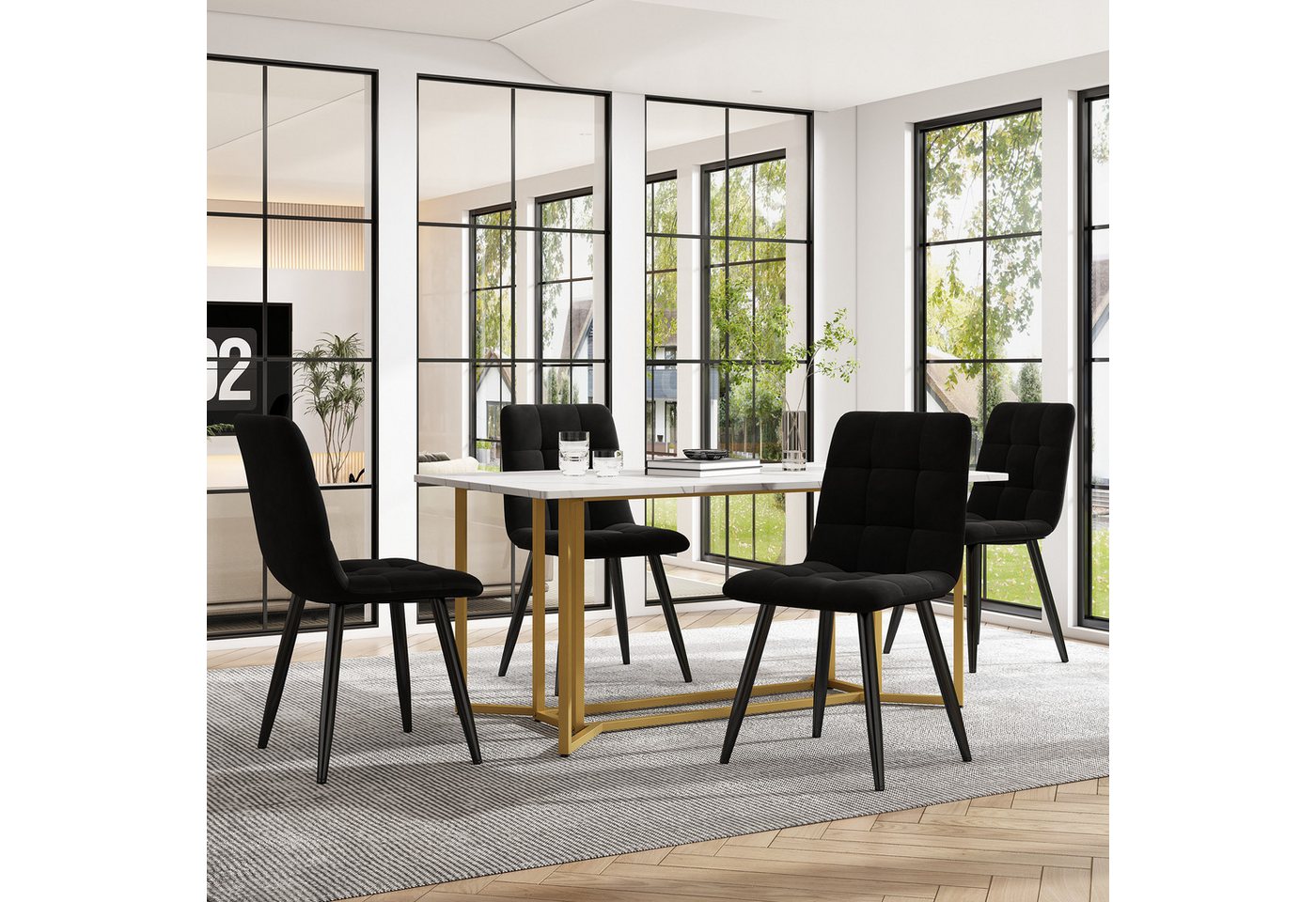 Flieks Essgruppe, (Set, 5-tlg), Esstisch mit 4 Stühlen Set Küchetisch Esszimmerstuhl Samt, Metallbeine von Flieks