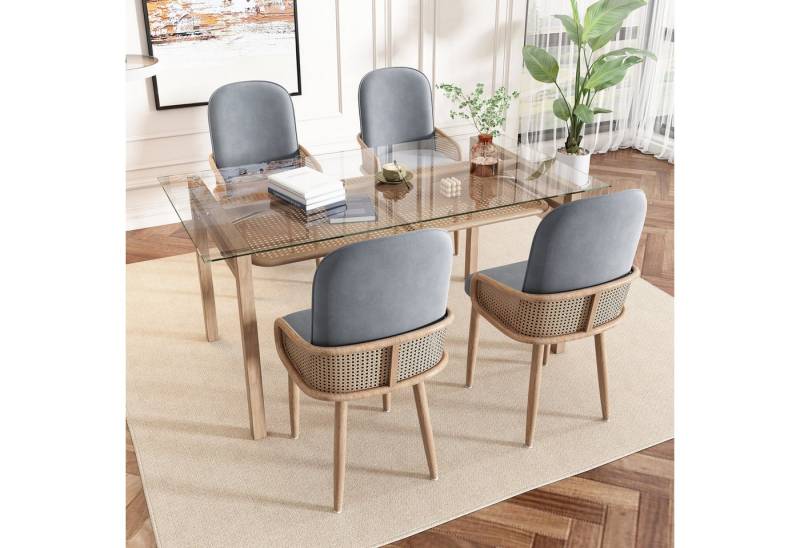 Flieks Essgruppe, (Set, 5-tlg., 1 Tisch und 4 Stühlen, Tisch mit Ablage), Esstisch mit 4 Stühlen Set Küchetisch Glas Esszimmerstuhl Rattan von Flieks