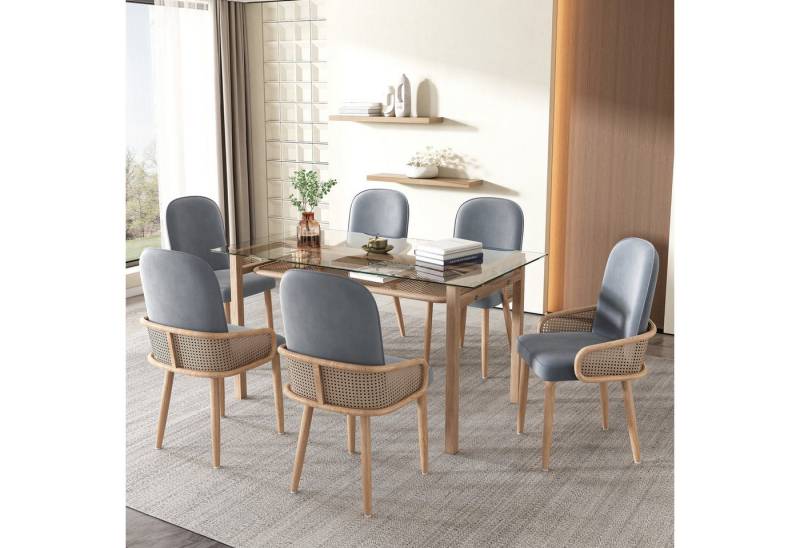 Flieks Essgruppe, (Set, 7-tlg., 1 Tisch und 6er Stühlen, Tisch mit Ablage), Esstisch mit 6 Stühlen Set Küchetisch Glas Esszimmerstuhl Rattan von Flieks