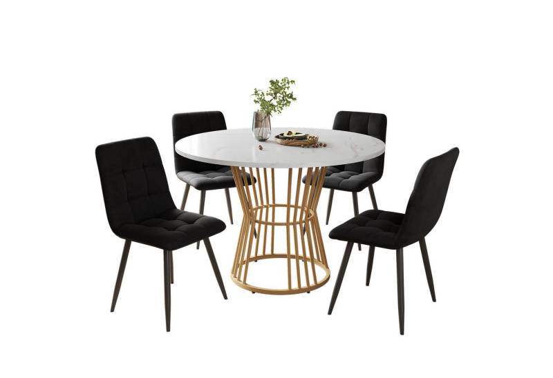 Flieks Essgruppe, (Sitzgruppe Set, 5-tlg., 1 Tisch mit 4 Stühlen), runder Esstisch mit 4 Stühlen Set Küchetisch Esszimmerstuhl Samt von Flieks