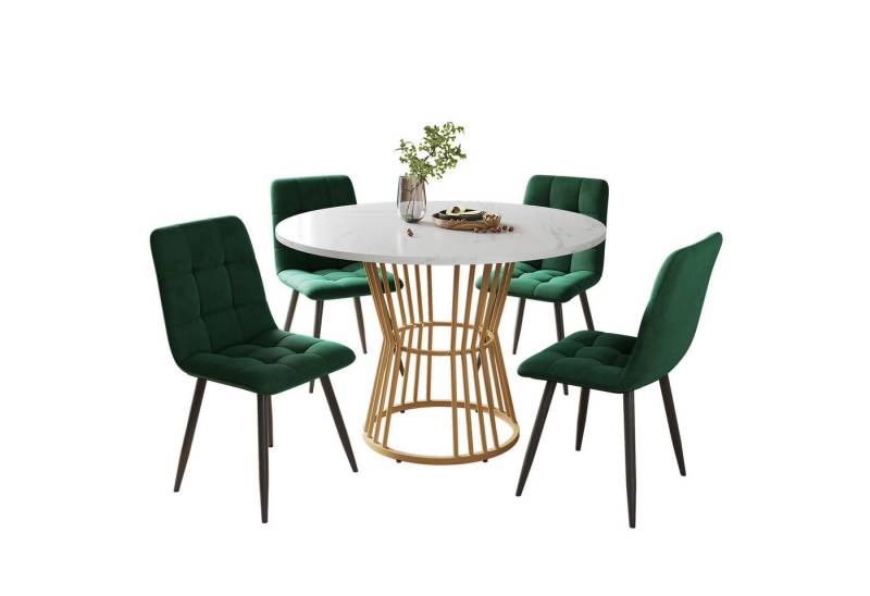 Flieks Essgruppe, (Sitzgruppe Set, 5-tlg., 1 Tisch mit 4 Stühlen), runder Esstisch mit 4 Stühlen Set Küchetisch Esszimmerstuhl Samt von Flieks