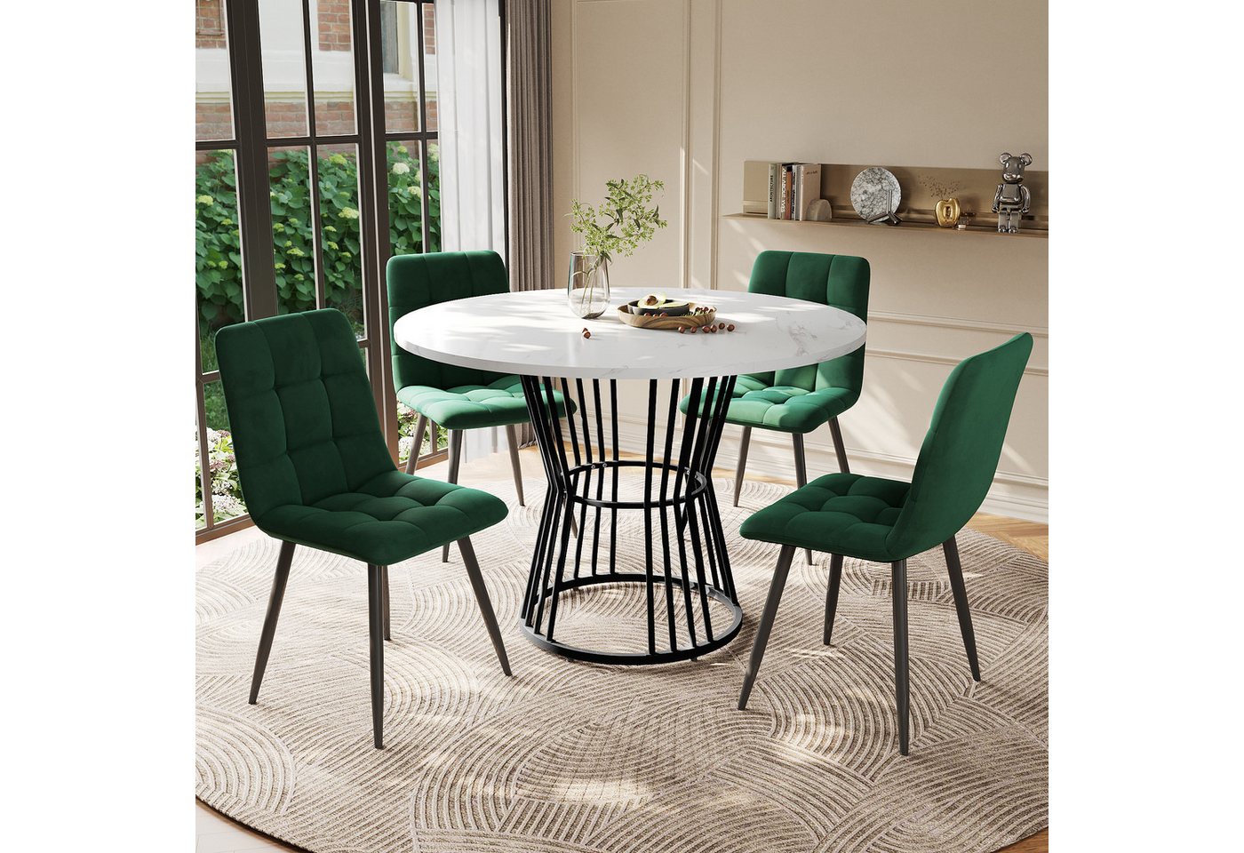 Flieks Essgruppe, (Sitzgruppe Set, 5-tlg., 1 Tisch mit 4 Stühlen), runder Esstisch mit 4 Stühlen Set Küchetisch Esszimmerstuhl Samt von Flieks