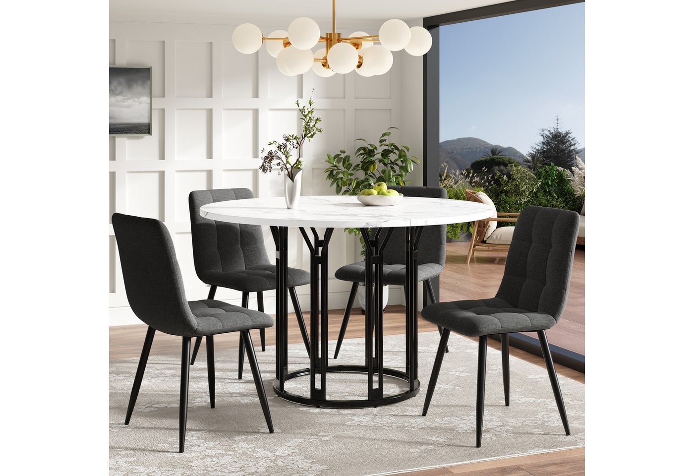 Flieks Essgruppe runder Esstisch mit 4 Stühlen, (Set, 5-tlg., Tisch mit 4 Stühle, Metallbeine mit verstellbaren Fußpolstern), Küchentisch Marmoroptik inkl. 4 Esszimmerstühle Leinen Sitzgruppe Set von Flieks