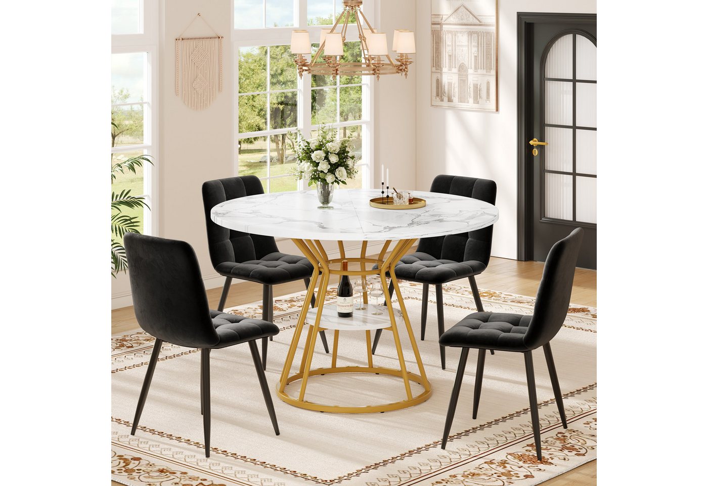 Flieks Essgruppe runder Esstisch mit 4 Stühlen, (Set, Metallbeine mit verstellbaren Fußpolstern, 5-tlg., Tisch mit 4 Stühle), Küchentisch mit Ablagen inkl. 4 Esszimmerstühle Samt Sitzgruppe Set von Flieks